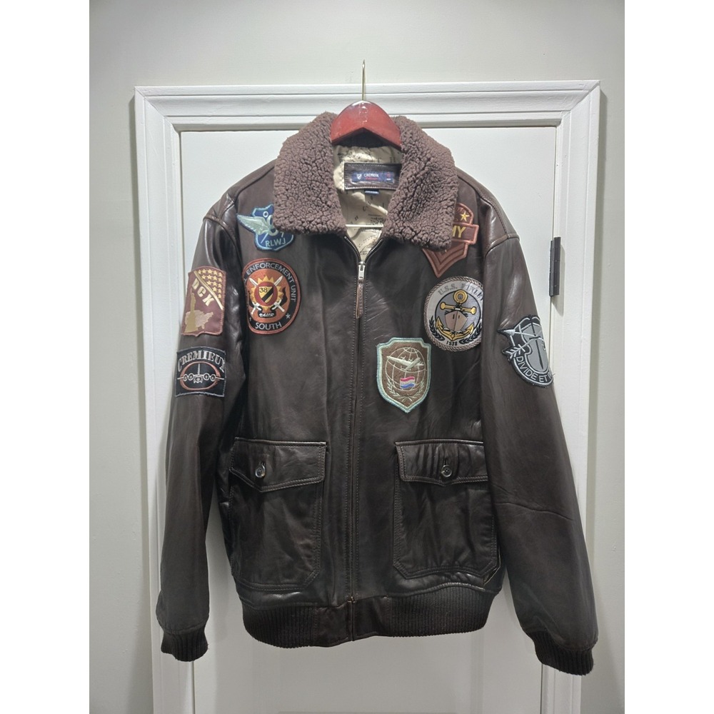 Daniel Cremieux Leather Bomber Aviator Flight Jacket Brown Patches Men's Size XL
